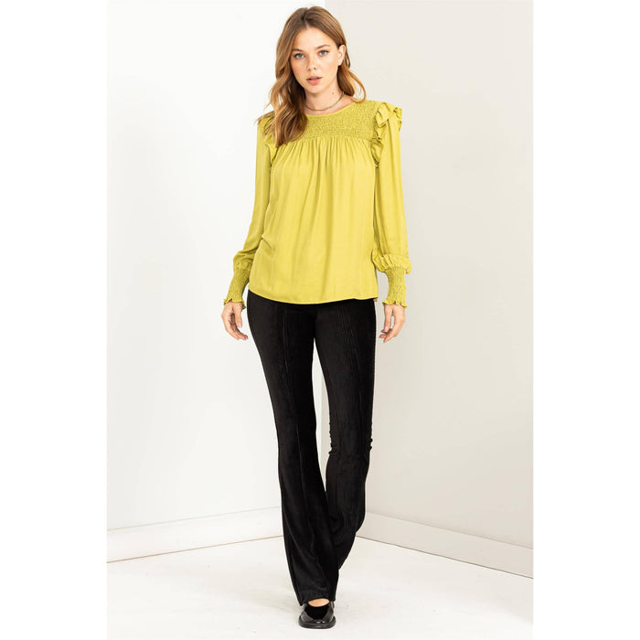 SMOCKED RUFFLE KEYHOLE LONG SLEEVE TOP/LIME GREEN