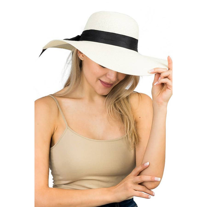 Wide Black Grosgrain Band Decor Floppy Paper Straw Sun Hat-BEIGE