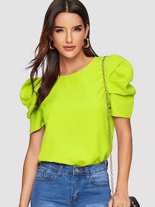 Neon Lime Gathered Sleeve Keyhole Back Blouse - Medium — Bushland