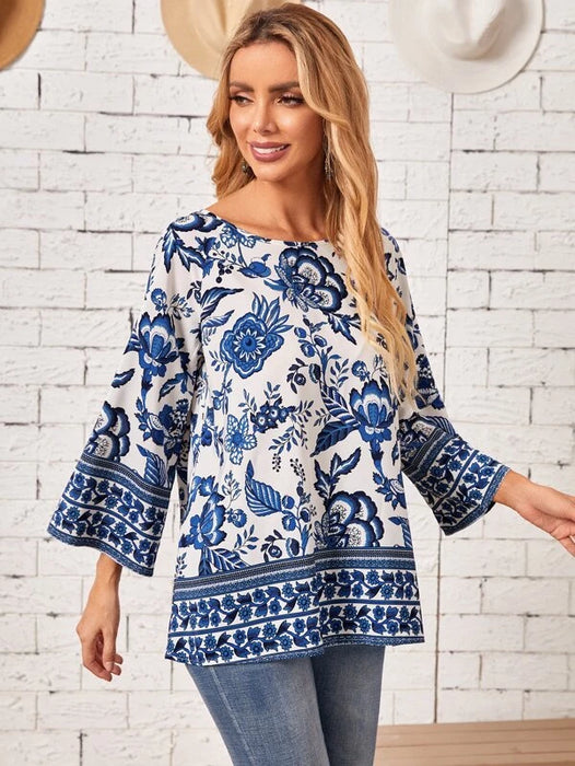 Floral Print Raglan Sleeve Blouse - L