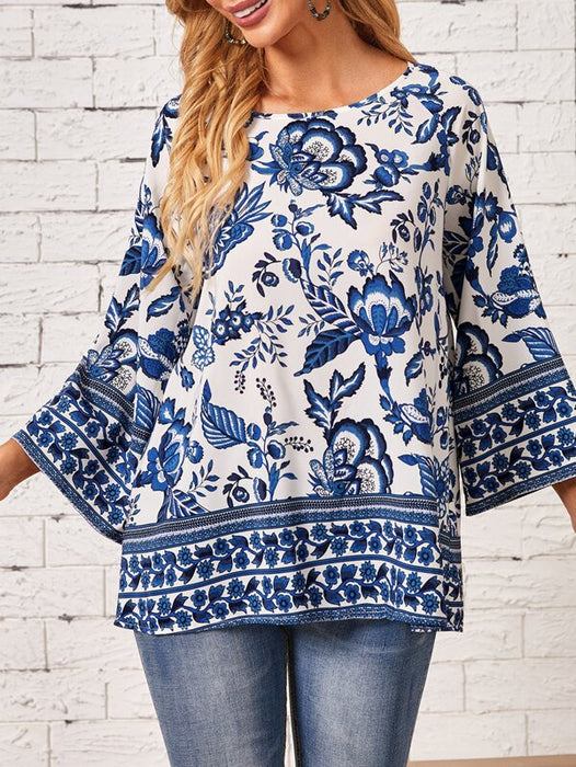 Floral Print Raglan Sleeve Blouse - L