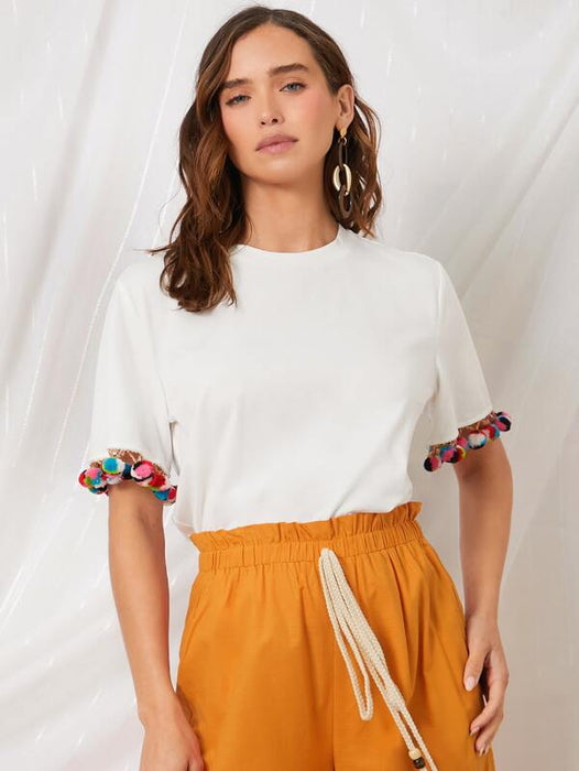 Pompom Cuff Solid Tee