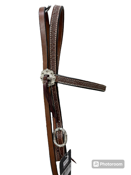 Tough-1 Leather Straight Brow Headstall - Basket Stamp w/ Silver Hardware