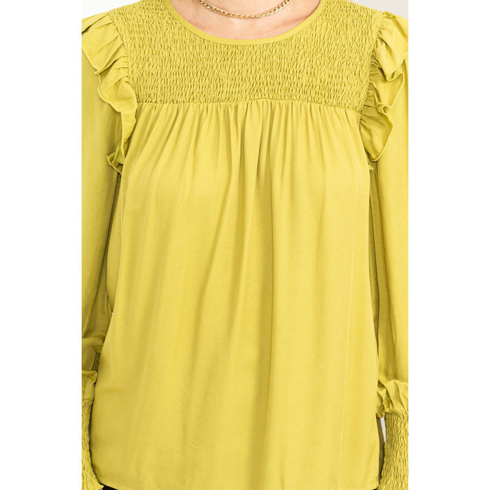 SMOCKED RUFFLE KEYHOLE LONG SLEEVE TOP/LIME GREEN