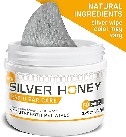 Absorbine Silver Honey Rapid Ear Care Vet Strength Pet Wipes, 50ct, Manuka Honey & MicroSilver BG