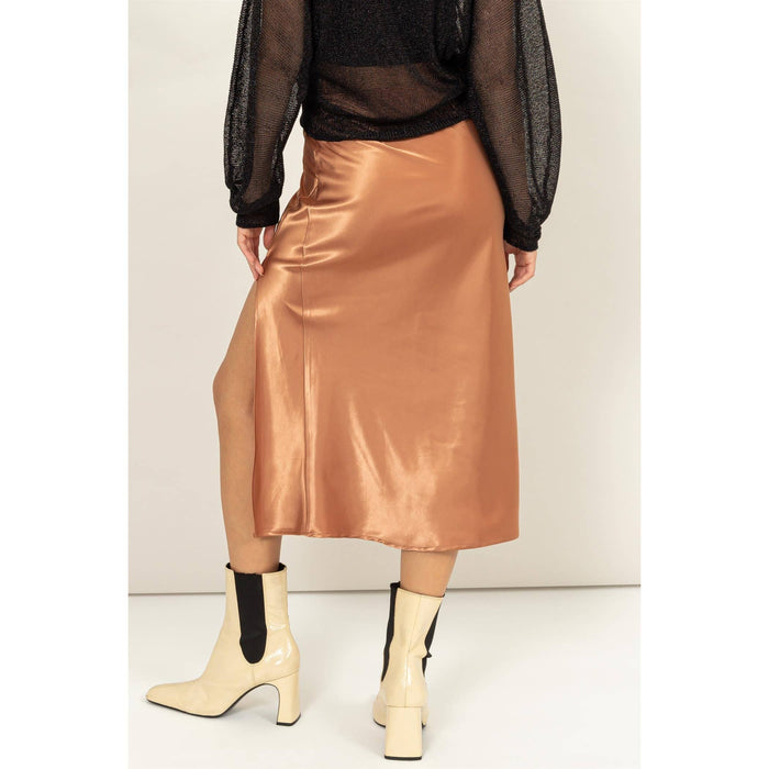 SATIN MIDI SKIRT WITH SIDE SLIT AND HIGH WAIST/BROWN