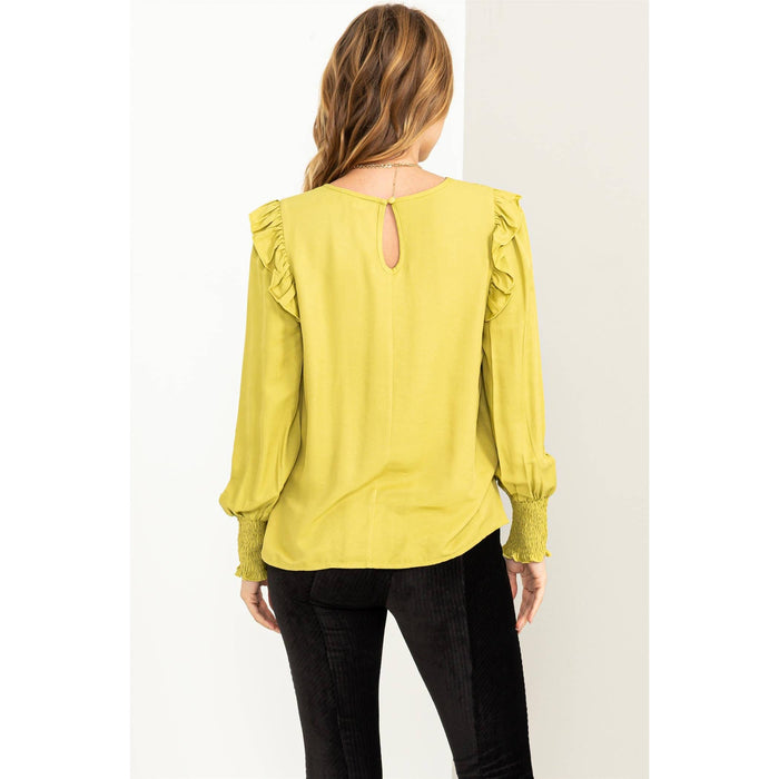 SMOCKED RUFFLE KEYHOLE LONG SLEEVE TOP/LIME GREEN