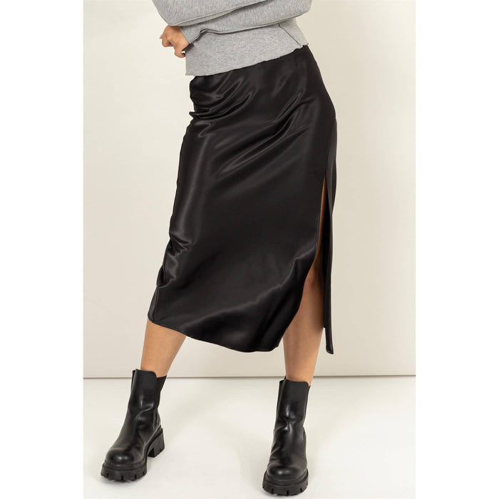 SATIN MIDI SKIRT WITH SIDE SLIT AND HIGH WAIST/BLACK