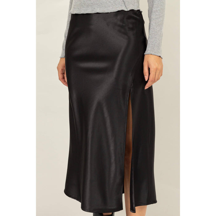 SATIN MIDI SKIRT WITH SIDE SLIT AND HIGH WAIST/BLACK