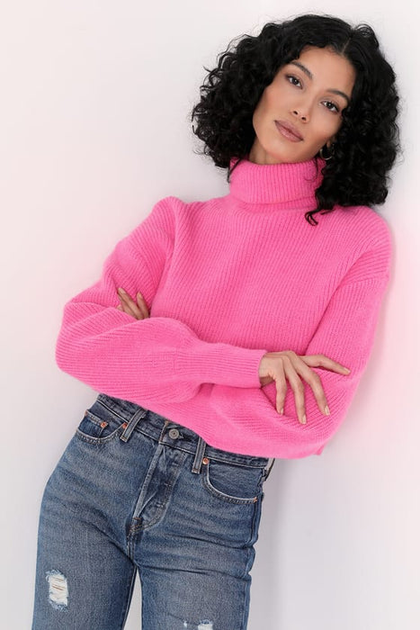 TURTLE NECK LONG SLEEVE SWEATER - HOT PINK- SMALL