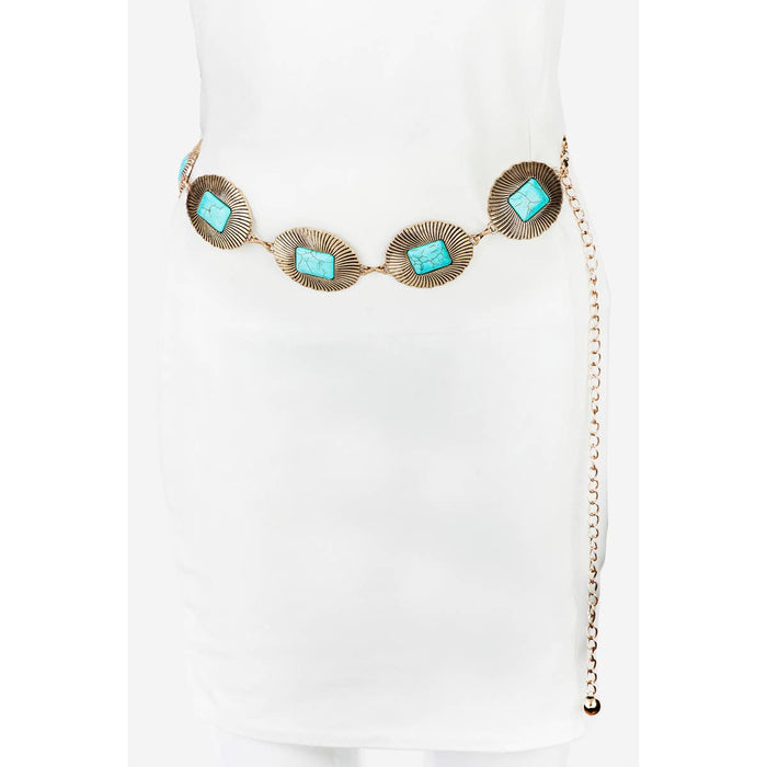 Western Fashion Turquoise Concho Oval Disc Chain Belt-GOLD