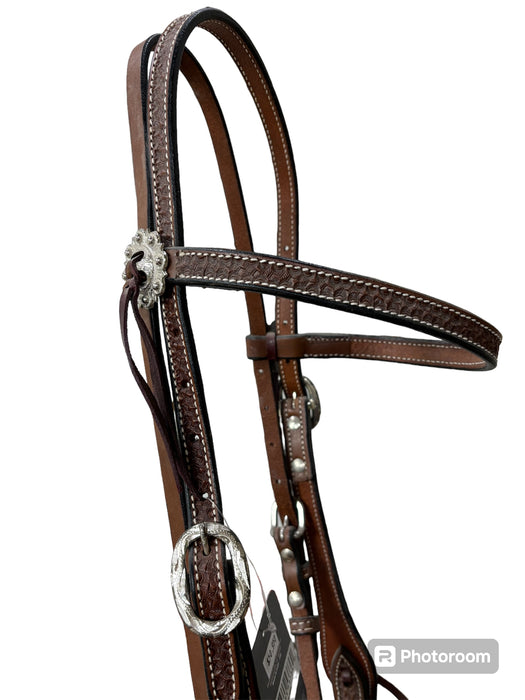 Tough-1 Leather Straight Brow Headstall - Basket Stamp w/ Silver Hardware