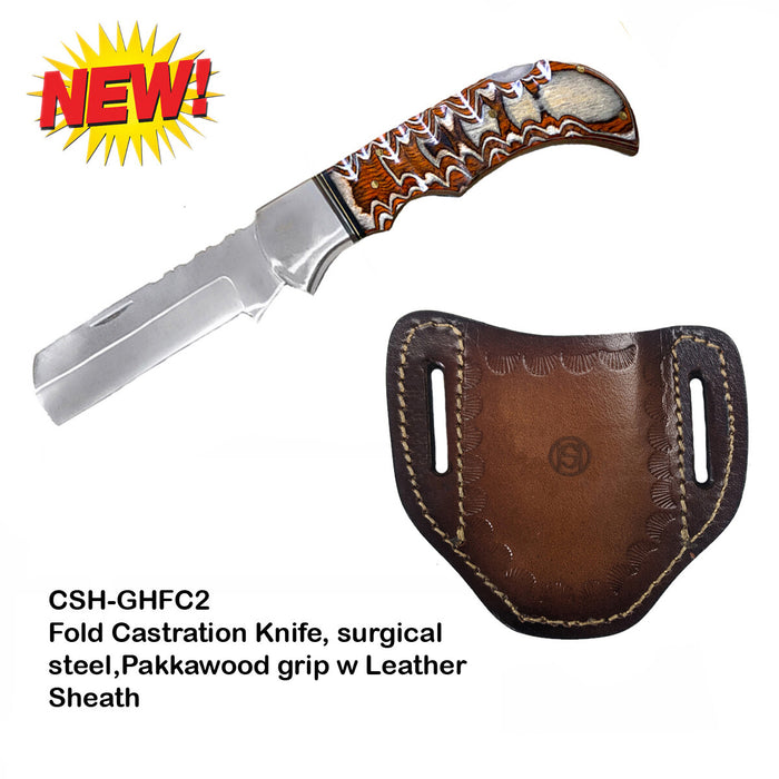 CIRCLE SH KNIFE  FOLDING CASTRATION KNIFE 5" CLOSED LEATHER SHEATH NAT PAKKAWOOD