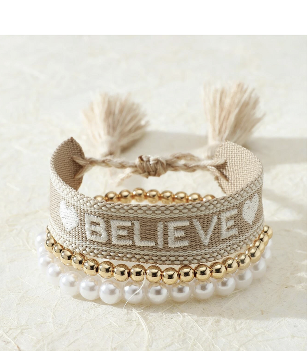 3pcs/set Faux Pearl & Tassel Decor Bracelet