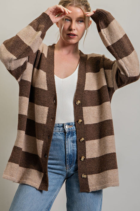 STRIPE BUTTON DOWN CARDIGAN - BROWN - SMALL/MEDIUM