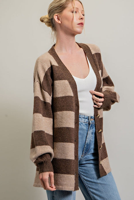 STRIPE BUTTON DOWN CARDIGAN - BROWN - SMALL/MEDIUM