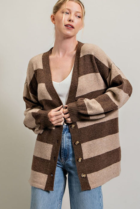 STRIPE BUTTON DOWN CARDIGAN - BROWN - SMALL/MEDIUM