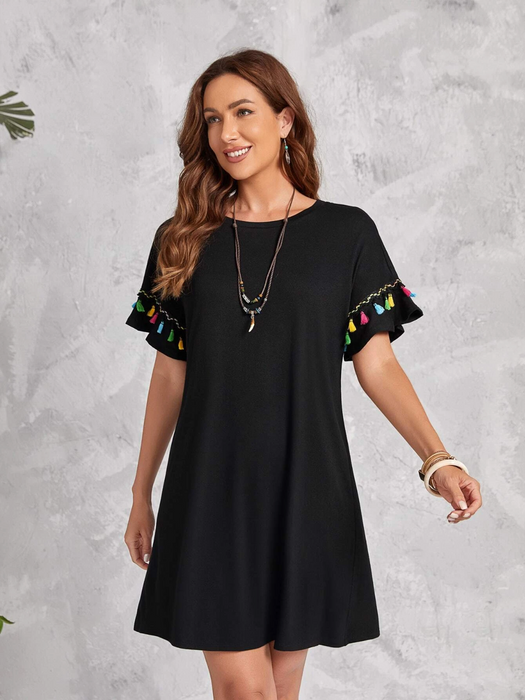 Tassel Trim Batwing Sleeve - Black Dress