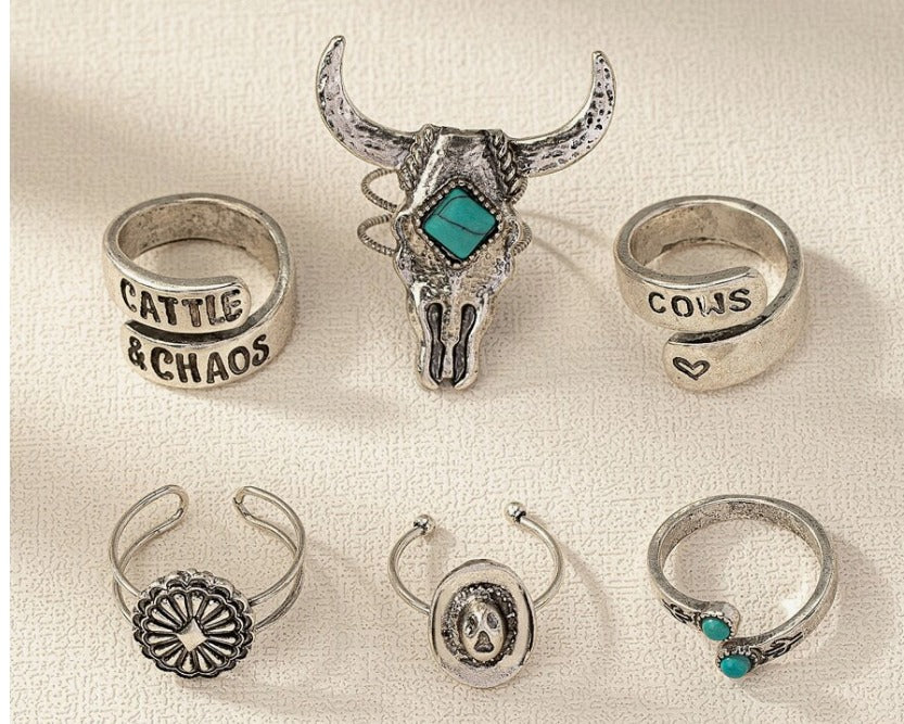 6 Pcs Western Style Turquoise Stone Decor Cattle Cow Head Cowboy Hat Statement Rings Set for Women