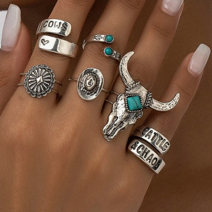 6 Pcs Western Style Turquoise Stone Decor Cattle Cow Head Cowboy Hat Statement Rings Set for Women