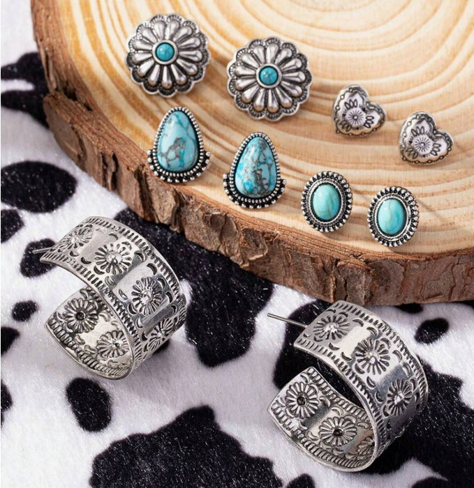 5 Pairs Antique Silver Turquoise Stone Decor Western Concho Studs Hoop Earrings Set for Women