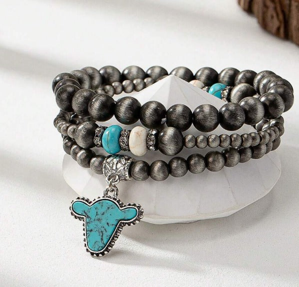 3 Pcs Western Style Turquoise Stone Decor Cow Head Charm Faux Navajo Faux Pearl Stacked Beaded Bracelets Set For Women