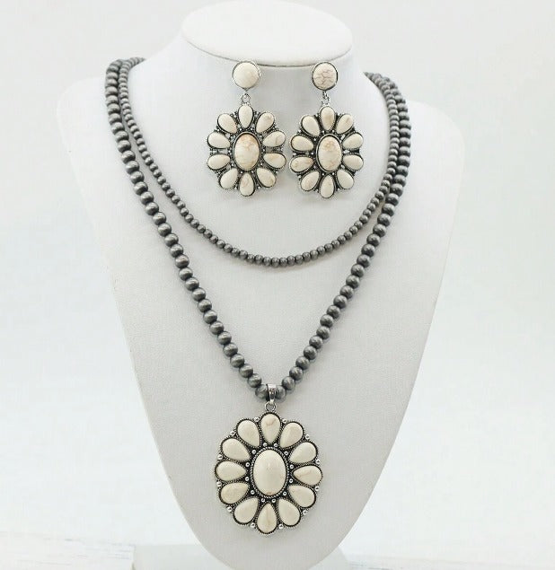 3 Pcs Vacation-Ready Flower-Shaped Boho Necklace & Earrings Jewelry Set - Double Layer Style!