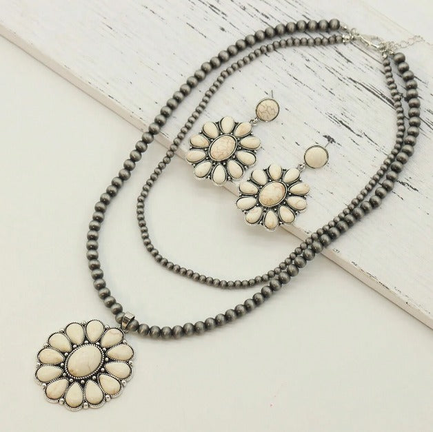 3 Pcs Vacation-Ready Flower-Shaped Boho Necklace & Earrings Jewelry Set - Double Layer Style!