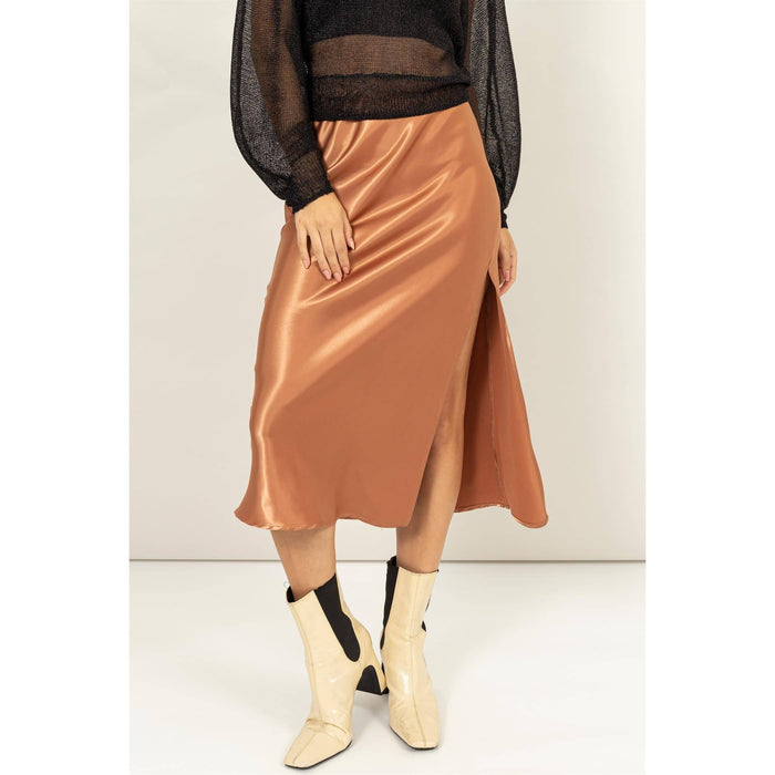 SATIN MIDI SKIRT WITH SIDE SLIT AND HIGH WAIST/BROWN