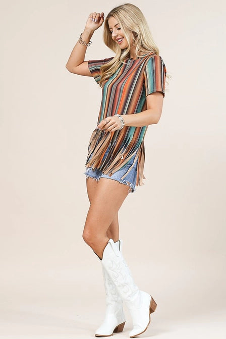 Striped Short Sleeve Fringe Top