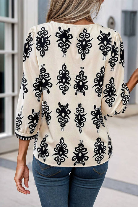 Unique Geometric Print 3/4 Sleeve V Neck Blouse | S-XL