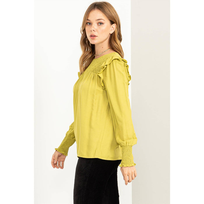 SMOCKED RUFFLE KEYHOLE LONG SLEEVE TOP/LIME GREEN