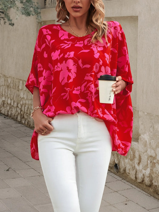 Floral Print Batwing Sleeve Blouse - Medium